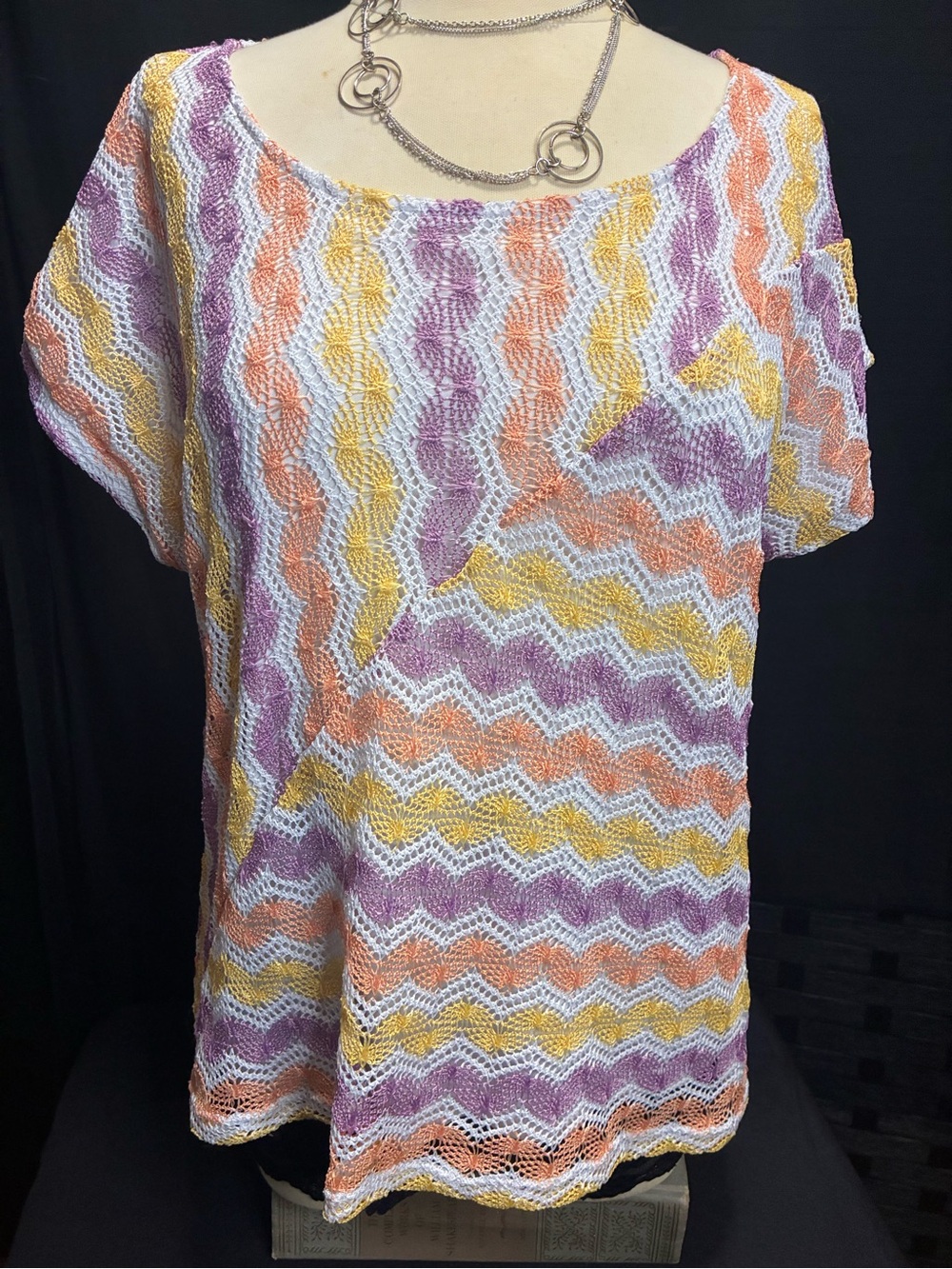 Alfred Dunner Crochet Wave Knit Top in Lavender, Peach & Yellow with White